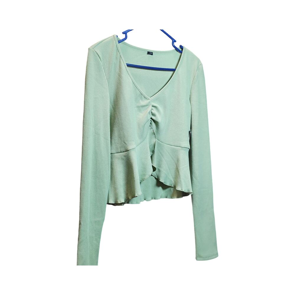 SHEIN Mint Green Ribbed Ruched V-Neck Peplum Top - Size Medium